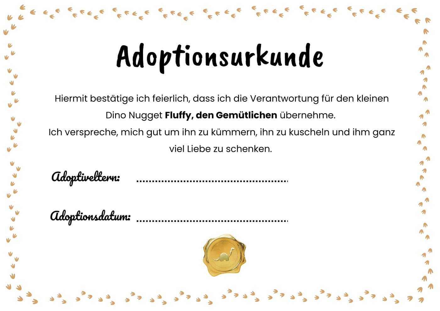 Adoptionsurkunde für den Dino Nugget Fluffy, den Gemütlichen, mit Zeilen für Adoptiveltern und Adoptionsdatum